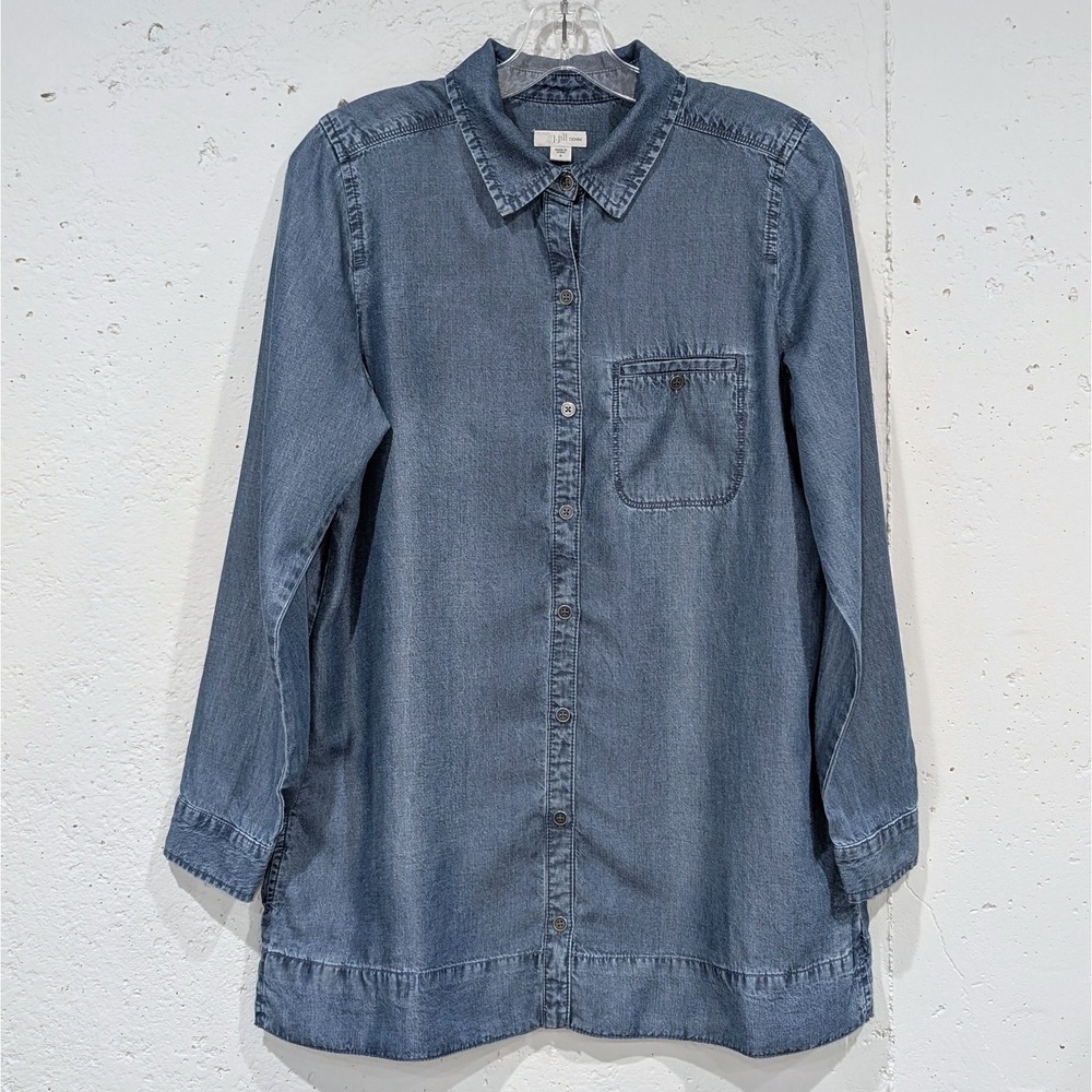 J.Jill DENIM Cardigan Shirt Blue Lyocell A-line Long Sleeve Pockets Lagenlook S